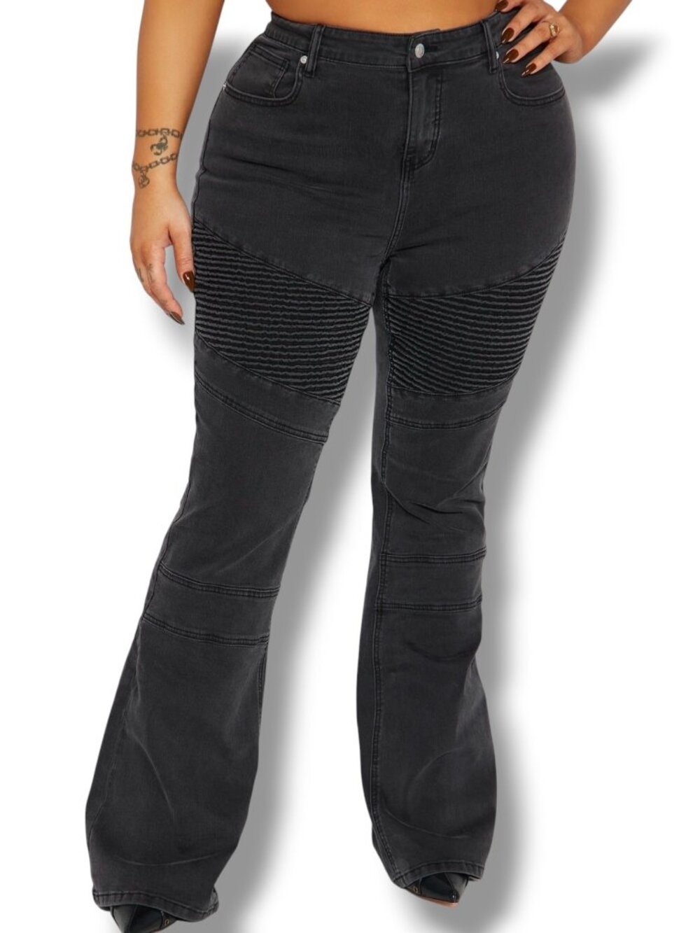 Fashion Nova Just His Type Moto Flare Jeans Black Wash Size 9 Stretch bootcut